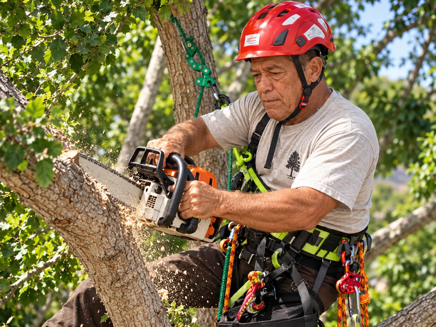 Arborist secured by a climbing harness cutting through a tree limb with a chainsaw