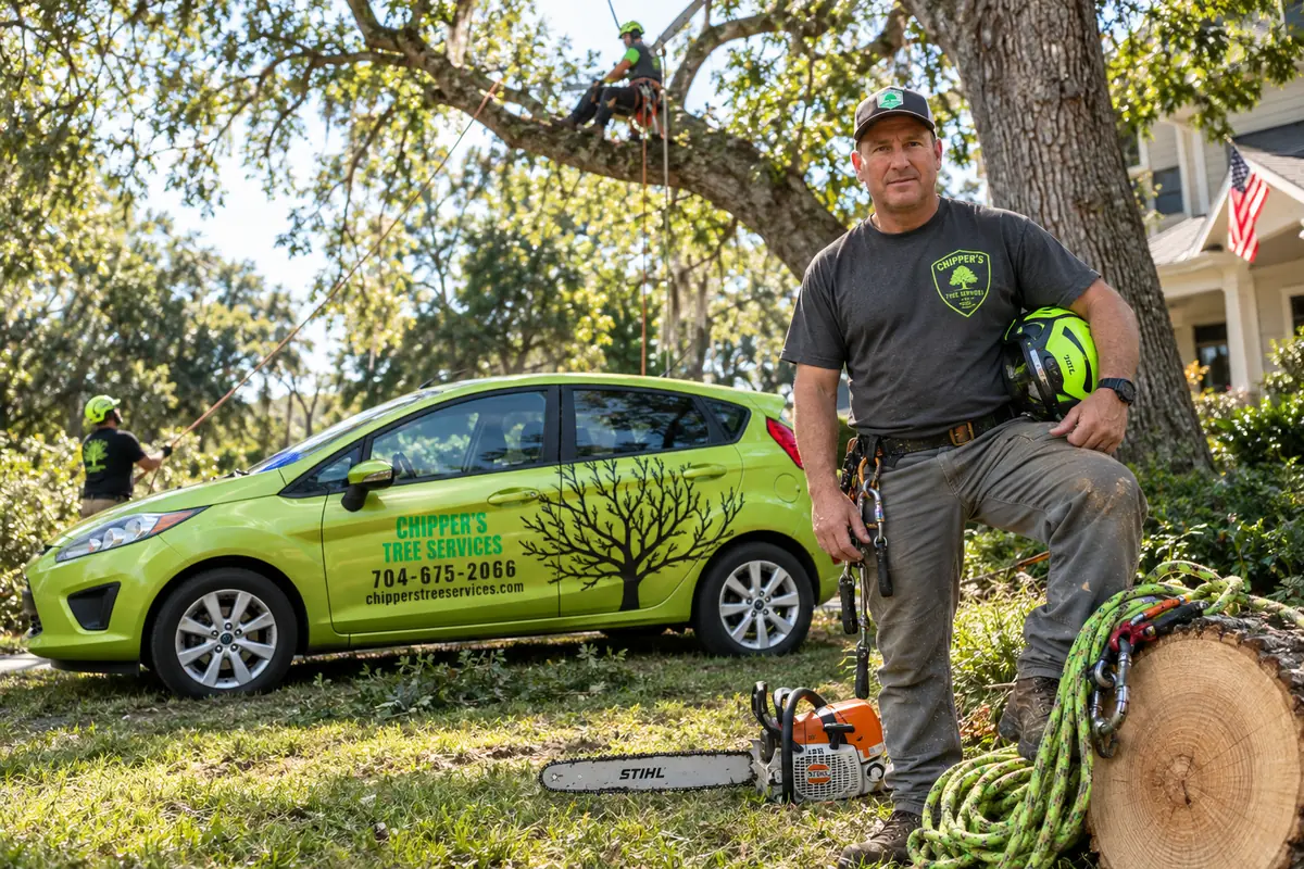 Chipper’s Tree Services crew at a tree job with a branded Chipper’s car, a climber in the tree and a chainsaw beside a cut log